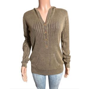 Pulp women's ribbed knit V-neck hoodie fudge pullover sweater L